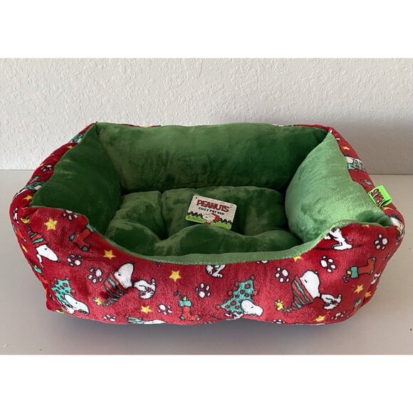 Peanuts Snoopy Small Dog Cat Pet Cozy Cuddler Bed Christmas Holiday Red Green - Picture 1 of 15